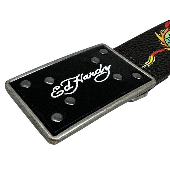 Ed Hardy Men's Dragon Tattoo Rivet Studs Black Belt With Plaque Buckle - Picture 4 of 6